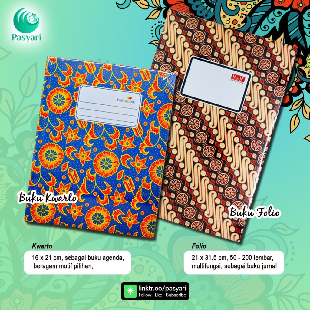 buku kwarto dan folio motif batik, biasa untuk kebutuhan mencatat , buku jurnal , absensi, akutansi dan lain-lain.